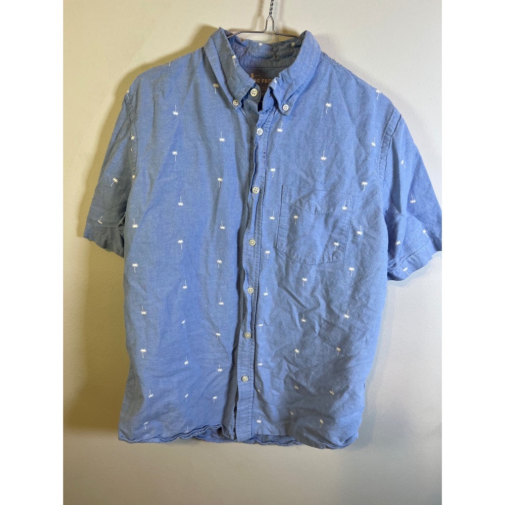 Joe Fresh Mens Button Down Shirt Palm Tree Embroidery Blue Medium